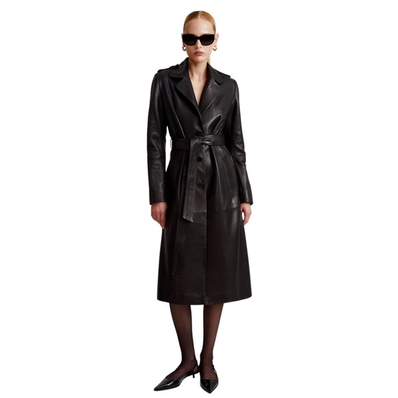Black Dakota Belted Leather Coat Trench Removable Fur Collar Jacket - Picture 3 of 8